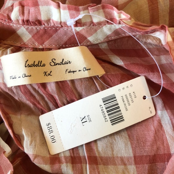 ISABELE SINCLAIR size XL Plaid Pink-Ecru Hi-Collar Ruffle Buttonfront $88 NEW - Picture 9 of 12